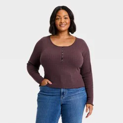 Women's Long Sleeve Pointelle Henley Shirt - Universal Thread™ Purple XXL