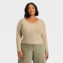 Women's Long Sleeve Pointelle Henley Shirt - Universal Thread™ Tan XXL