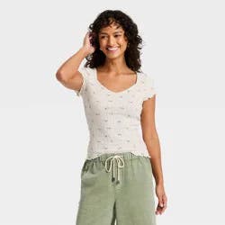 Women's Slim Fit Short Sleeve Pointelle Sweetheart Neck T-Shirt - Universal Thread™ Cream Floral XL