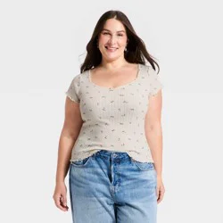 Women's Slim Fit Short Sleeve Pointelle Sweetheart Neck T-Shirt - Universal Thread™ Cream Floral XXL