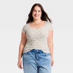Women's Slim Fit Short Sleeve Pointelle Sweetheart Neck T-Shirt - Universal Thread™ Cream Floral XXL
