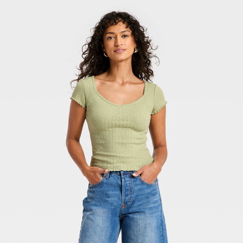 slide 1 of 3, Women's Slim Fit Short Sleeve Pointelle Sweetheart Neck T-Shirt - Universal Thread™ Green L, 1 ct