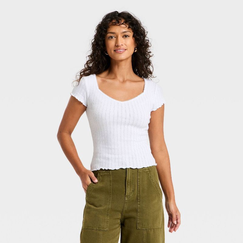 slide 1 of 3, Women's Slim Fit Short Sleeve Pointelle Sweetheart Neck T-Shirt - Universal Thread™ White S, 1 ct