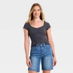 Women's Slim Fit Short Sleeve Pointelle Sweetheart Neck T-Shirt - Universal Thread™ Navy Blue M