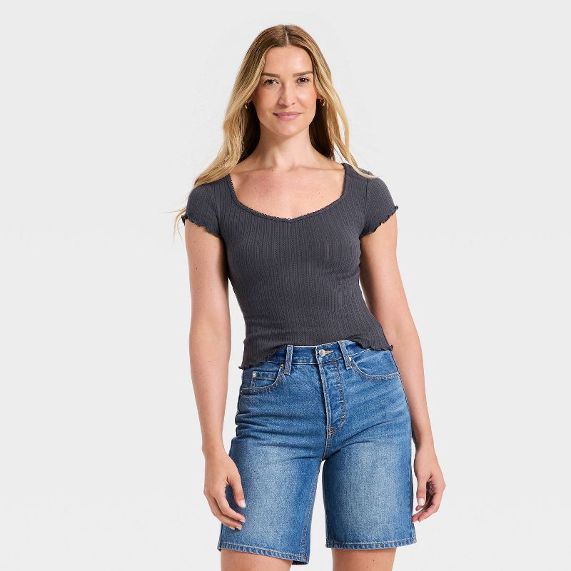 slide 1 of 3, Women's Slim Fit Short Sleeve Pointelle Sweetheart Neck T-Shirt - Universal Thread™ Navy Blue XL, 1 ct
