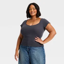 Women's Slim Fit Short Sleeve Pointelle Sweetheart Neck T-Shirt - Universal Thread™ Navy Blue XXL