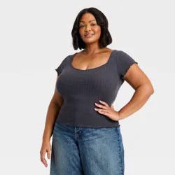 Women's Slim Fit Short Sleeve Pointelle Sweetheart Neck T-Shirt - Universal Thread™ Navy Blue XXL