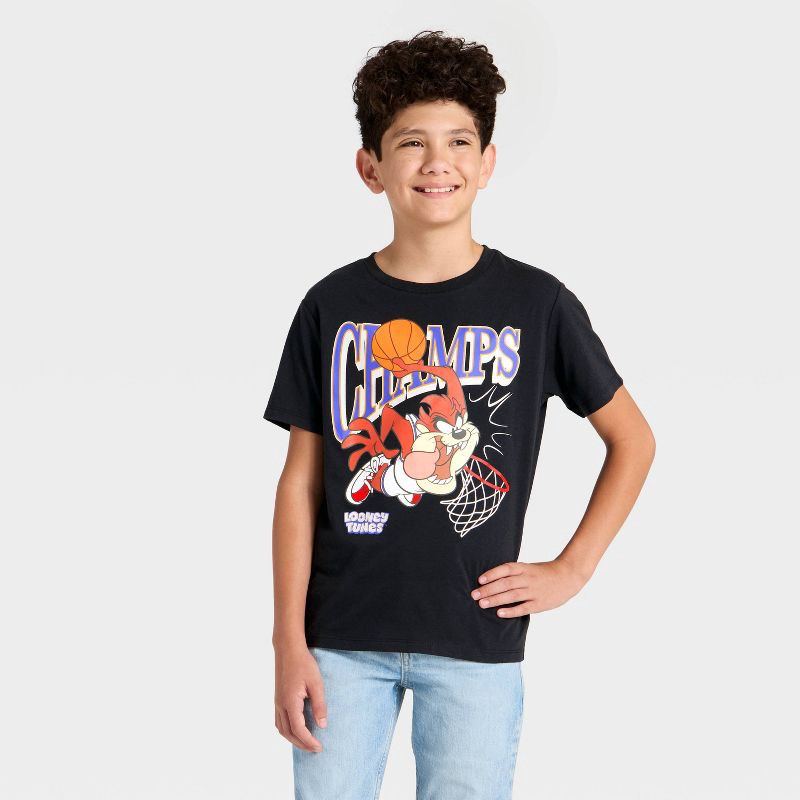 slide 1 of 4, Warner Bros. Boys' Looney Tunes Tasmanian Devil Basketball Short Sleeve Graphic T-Shirt - Dark Gray XS, 1 ct