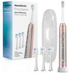 Aquasonic Precision Rechargeable Electric Toothbrush with Timer Multiple Brush Modes 4 Brush Heads and Travel Case - Rose Gold