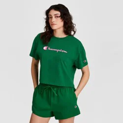 Champion Women's Iconic Cropped Short Sleeve Graphic T-Shirt - Green M