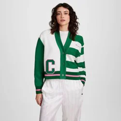 Champion Women's Collegiate Cardigan - White/Green Striped L