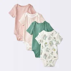 Baby Girls' 4pk Floral Short Sleeve Pointelle Bodysuit - Cloud Island™ Cream 0-3M