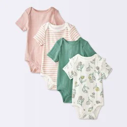 Baby Girls' 4pk Floral Short Sleeve Pointelle Bodysuit - Cloud Island™ Cream 3-6M