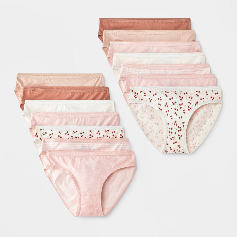 slide 1 of 4, Girls' 14pk Strawberry Bikini Underwear - Cat & Jack™ Pink/Tan/Ivory 10, 14 ct
