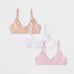 Girls' 3pk Lace Trim Cotton Starter Bra - Cat & Jack™ Tan/White/Pink M