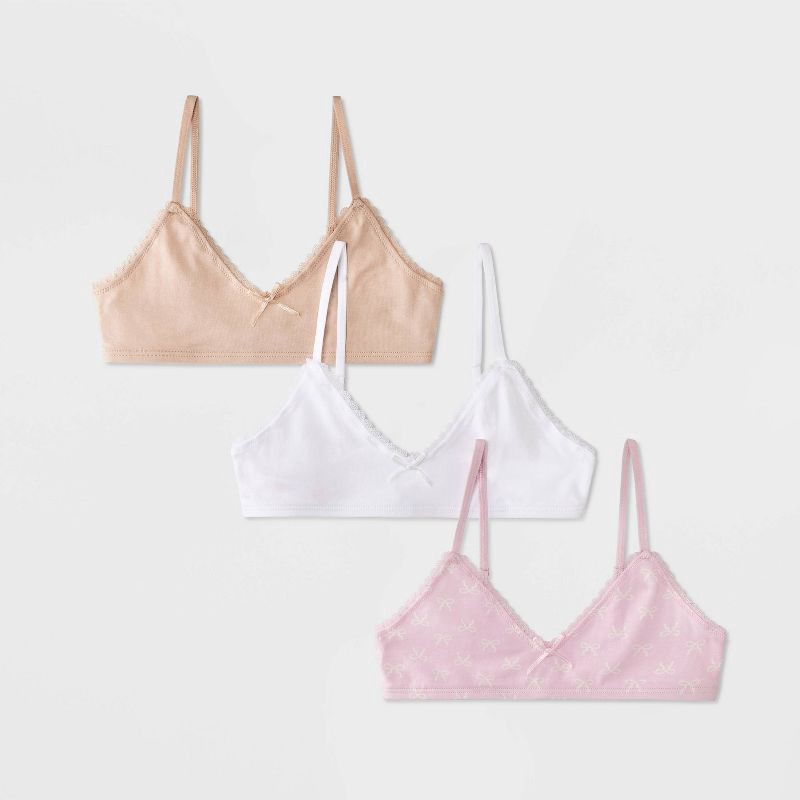 slide 1 of 4, Girls' 3pk Lace Trim Cotton Starter Bra - Cat & Jack™ Tan/White/Pink XL, 3 ct