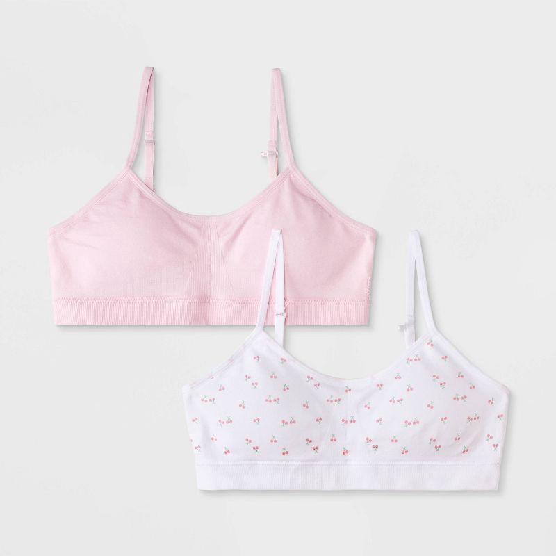 slide 1 of 4, Girls' 2pk Cherries Printed Seamless Ruched Bra - art class™ Pink/White/Red XL, 2 ct