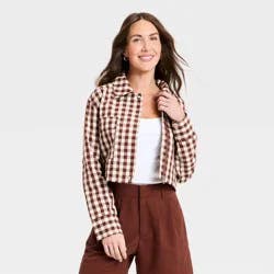 Women's Transitional Cropped Jacket - A New Day™ Brown Gingham M
