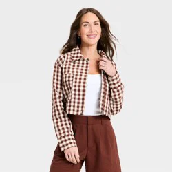 Women's Transitional Cropped Jacket - A New Day™ Brown Gingham L