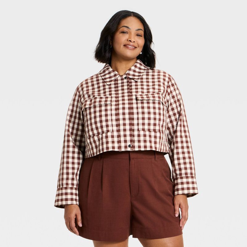 slide 1 of 3, Women's Transitional Cropped Jacket - A New Day™ Brown Gingham XXL, 1 ct