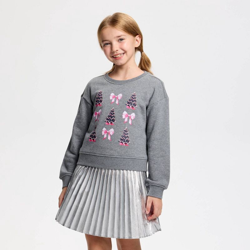 slide 2 of 4, Owillo® Girls' French Terry Trees and Bows Sweatshirt - Gray XL, 1 ct