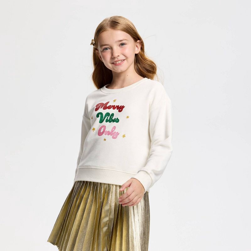 slide 2 of 3, Owillo® Girls' French Terry 'Merry Vibes Only' Graphic Sweatshirt - White M, 1 ct