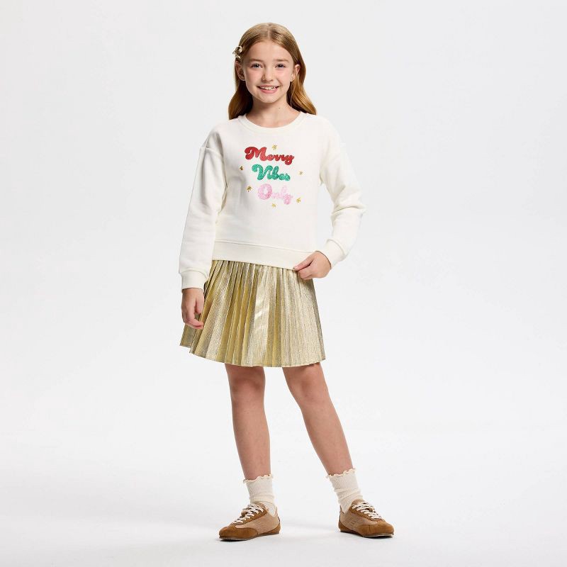slide 1 of 3, Owillo® Girls' French Terry 'Merry Vibes Only' Graphic Sweatshirt - White M, 1 ct