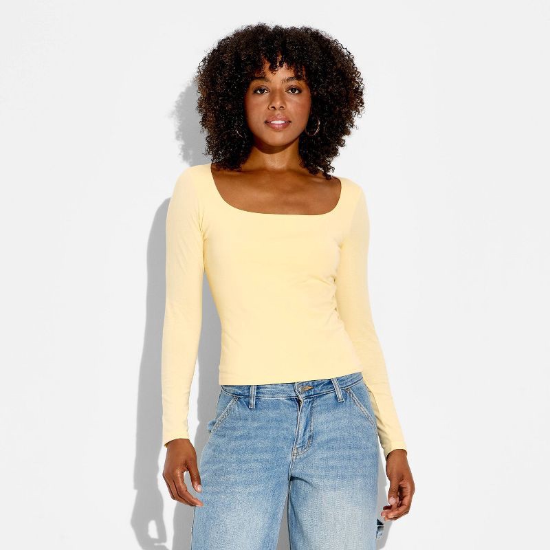 slide 2 of 4, Women's Long Sleeve Square Neck T-Shirt - Wild Fable™ Light Yellow L, 1 ct