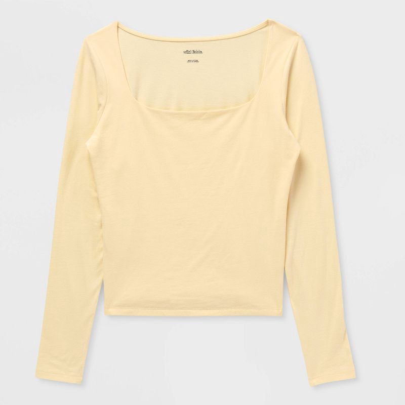 slide 4 of 4, Women's Long Sleeve Square Neck T-Shirt - Wild Fable™ Light Yellow L, 1 ct