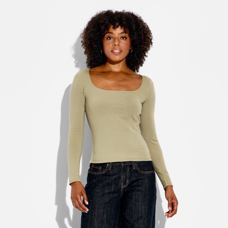 slide 2 of 4, Women's Long Sleeve Square Neck T-Shirt - Wild Fable™ Dark Taupe XS, 1 ct