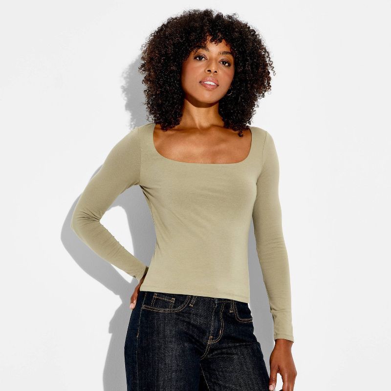 slide 1 of 4, Women's Long Sleeve Square Neck T-Shirt - Wild Fable™ Dark Taupe XS, 1 ct