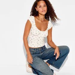 Women's Cap Sleeve Scoop Neck Emma Top - Wild Fable™ Off-White Floral M