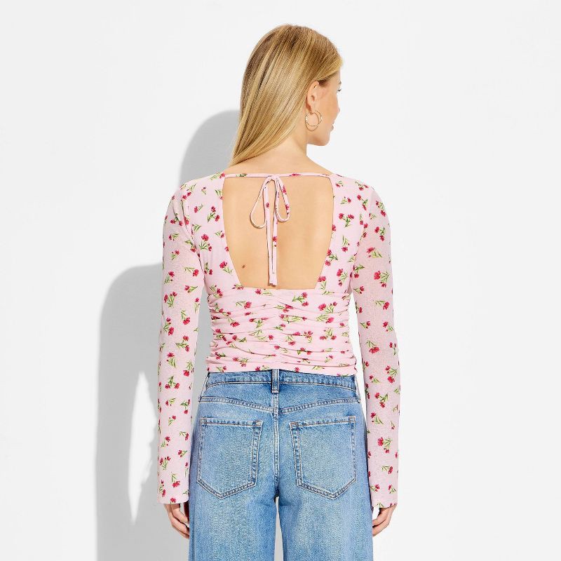 slide 3 of 4, Women's Long Sleeve V-Neck Tie Back Top - Wild Fable™ Floral S, 1 ct