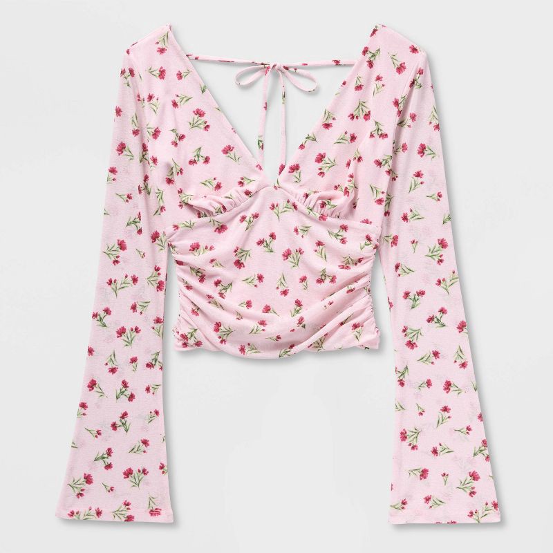 slide 4 of 4, Women's Long Sleeve V-Neck Tie Back Top - Wild Fable™ Floral M, 1 ct