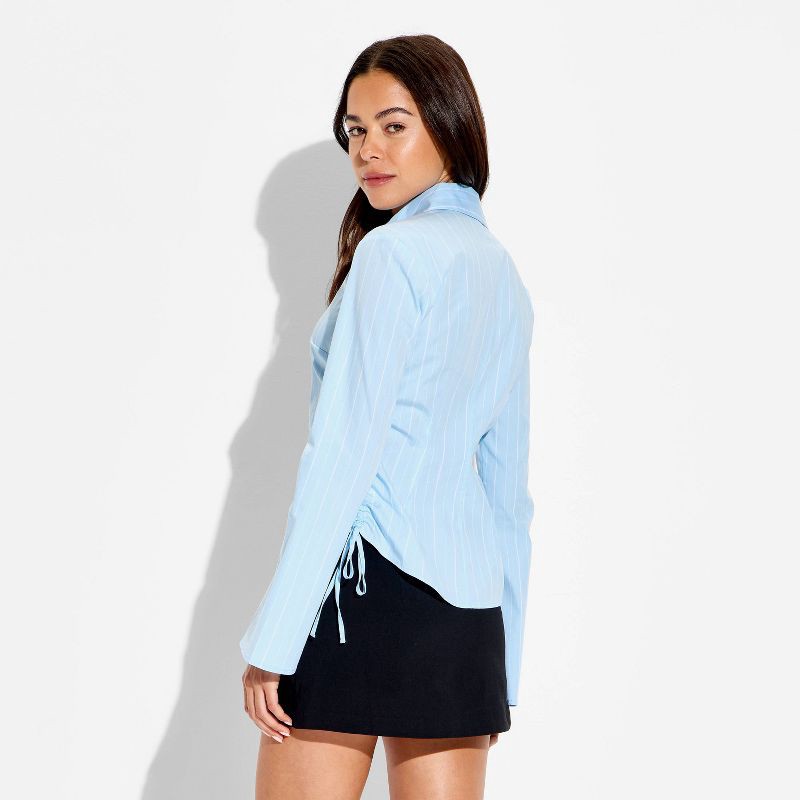 slide 3 of 3, Women's Slim Fit Bell Long Sleeve Collared Button-Down Shirt - Wild Fable™ Blue Striped M, 1 ct