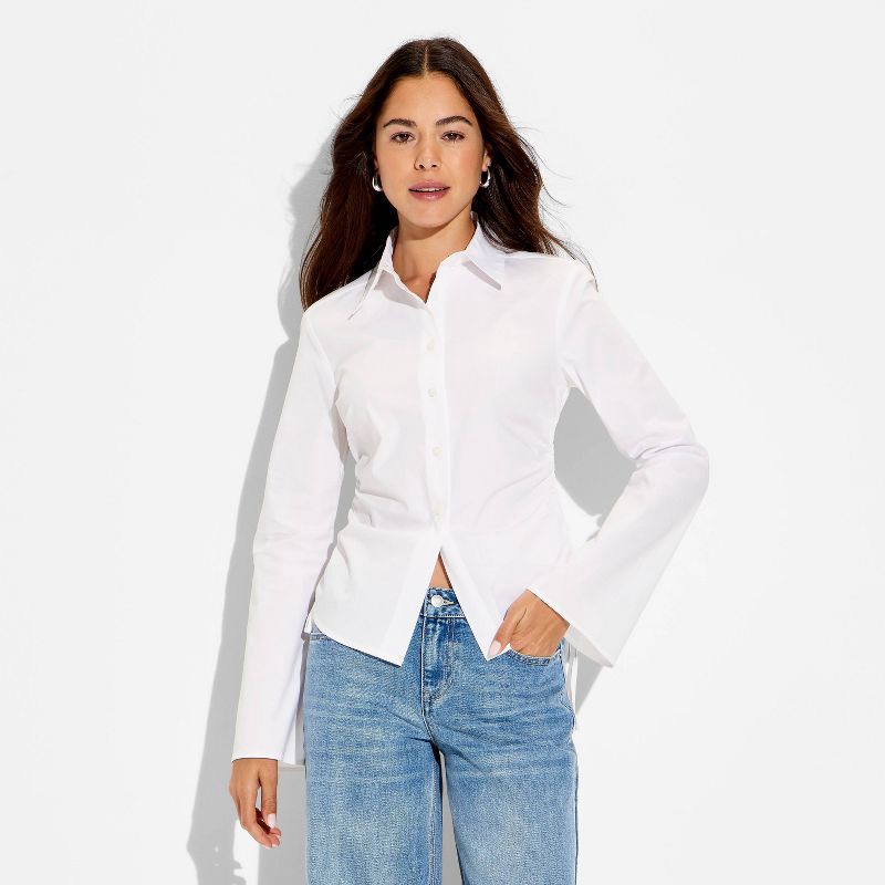 slide 2 of 3, Women's Slim Fit Bell Long Sleeve Collared Button-Down Shirt - Wild Fable™ White S, 1 ct