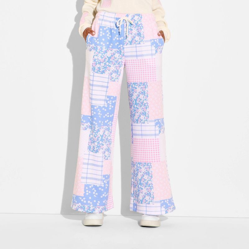 slide 3 of 3, Mighty Fine Women's Patchwork Wide Leg Graphic Jogger Pants - Pastels XS, 1 ct