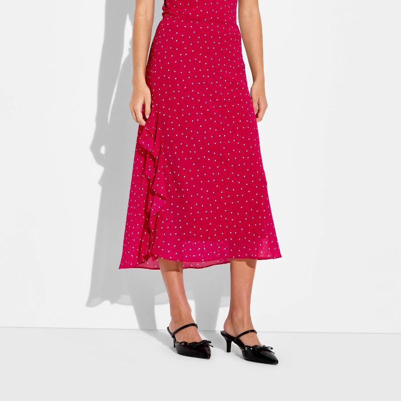 slide 2 of 3, Women's Chiffon Ruffle Below Knee Midi Skirt - Wild Fable™ Red Polka Dots M, 1 ct