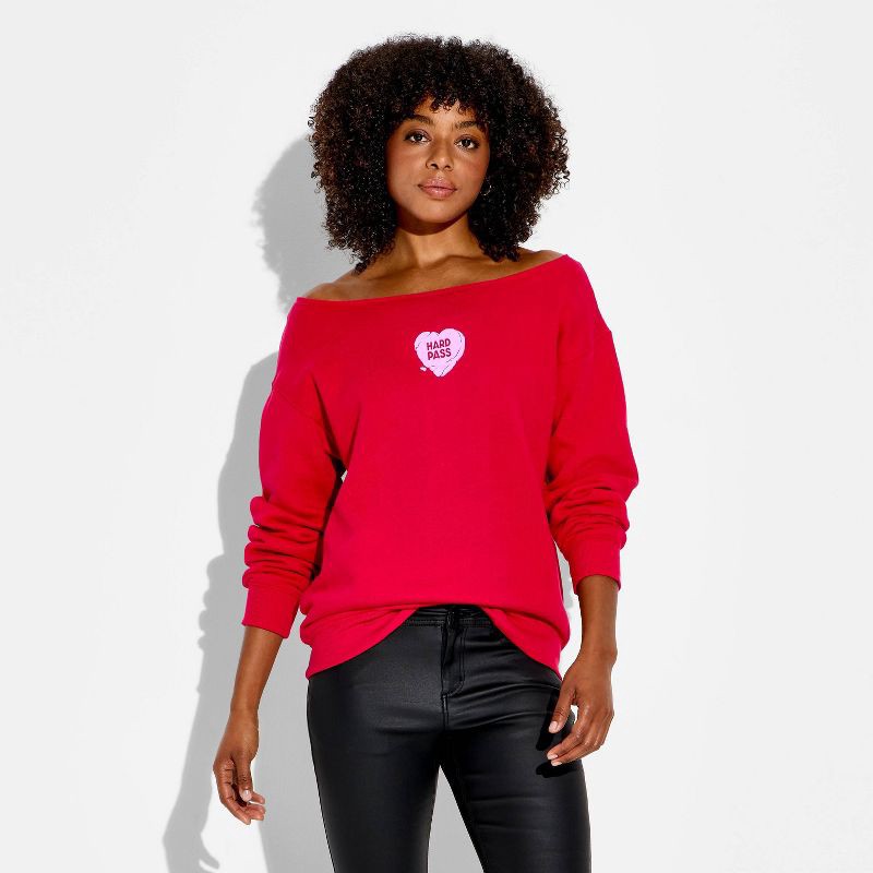 slide 2 of 3, Women's Pullover Sweatshirt - Wild Fable™ Berry Red Hearts XXS, 1 ct