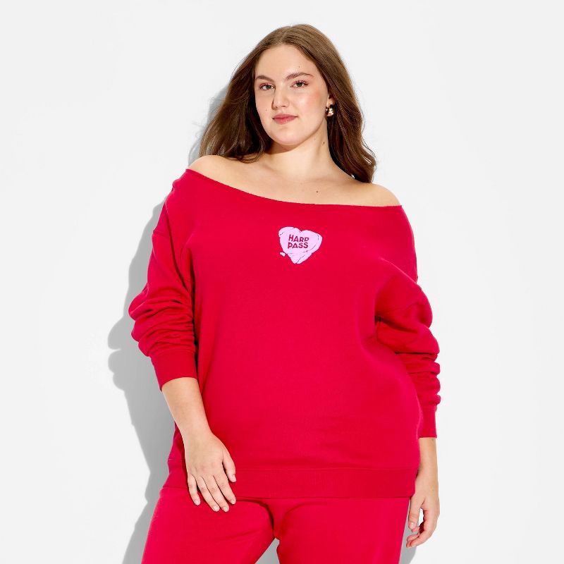 slide 2 of 3, Women's Pullover Sweatshirt - Wild Fable™ Berry Red Hearts XXL, 1 ct