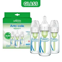 Dr. Brown's Anti-Colic Narrow Glass Options+ Baby Bottles - 4 fl oz/3pk: Level 1 Slow Flow, BPA-Free, Silicone Nipple