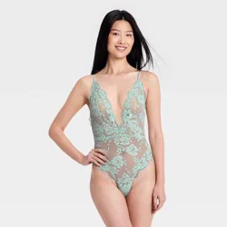 Women's Eyelash Lace High Leg Lingerie Bodysuit - Auden™ Mint Blue XS