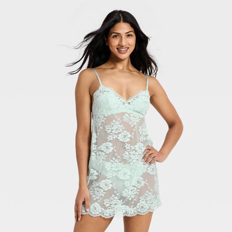 slide 1 of 5, Women's Lace Babydoll Lingerie Slip Dress - Auden™ Mint Blue M, 1 ct