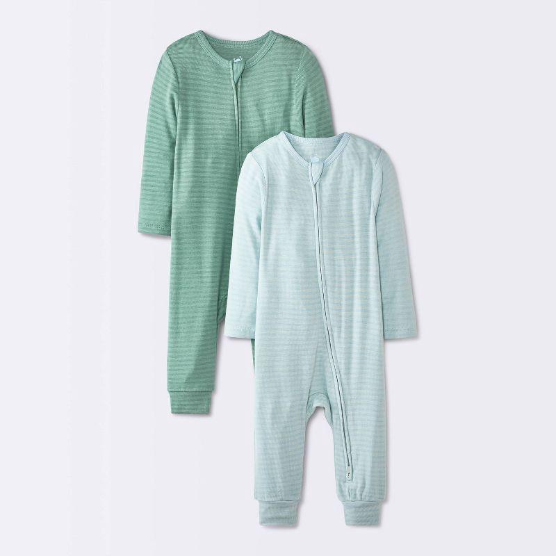 slide 1 of 4, Baby Boys' 2pk So Very Soft Striped Modal Romper - Cloud Island™ Green 12M, 2 ct