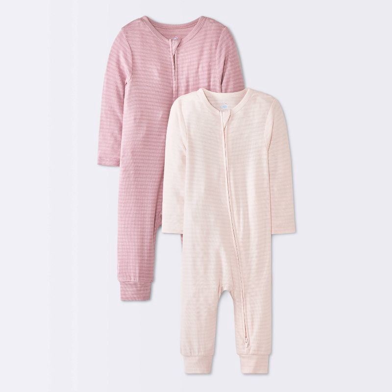 slide 1 of 4, Baby Girls' 2pk So very soft Stripe Modal Long Sleeve Romper - Cloud Island™ Pink 12M, 2 ct