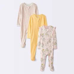 Baby Girls' 3pk Floral Pointelle Long Sleeve Sleep N' Play Footed Pajamas - Cloud Island™ Pink Newborn
