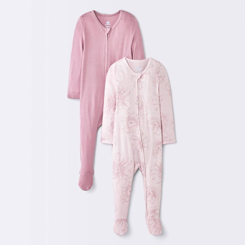 slide 1 of 4, Baby Girls' 2pk So Very Soft Floral Modal Long Sleeve Sleep N' Play Footed Pajamas - Cloud Island™ Pink 3-6M, 2 ct