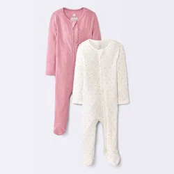 Baby Girls' 2pk Dots Jacquard Ribbed Long Sleeve Sleep N' Play Footed Pajamas - Cloud Island™ Mauve Newborn