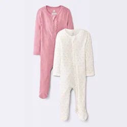 Baby Girls' 2pk Dots Jacquard Ribbed Long Sleeve Sleep N' Play Footed Pajamas - Cloud Island™ Mauve Newborn