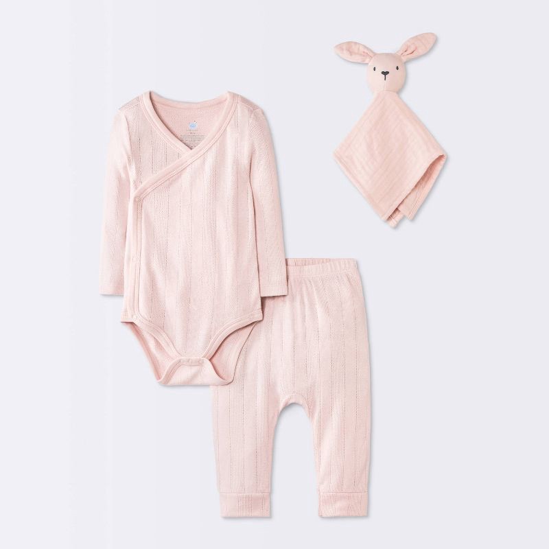 slide 1 of 4, Baby Girls' 3pc Bodysuit and Pants Set with Lovey Toy - Cloud Island™ Pink 3-6M, 3 ct